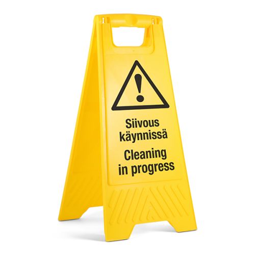 Varoituskyltti Siivous käynnissä / Cleaning in progress 2-puolinen keltainen yrityksille